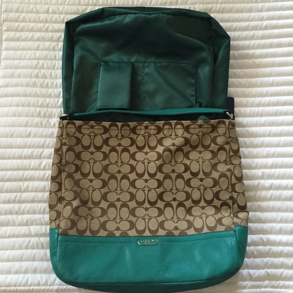 Coach Park Convertible Hobo Signature Jacquard and Teal Leather Crossbody Bag